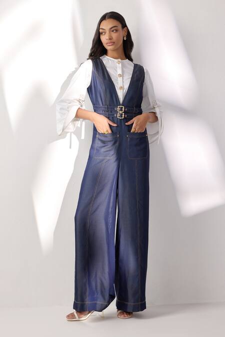 Shop Label Deepika Nagpal Blue Denim V-, Round Sleeveless Jumpsuit Online at Aza Fashions Shop_Label Deepika Nagpal_Blue Denim V-, Round Sleeveless Jumpsuit _Online_at_Aza_Fashions