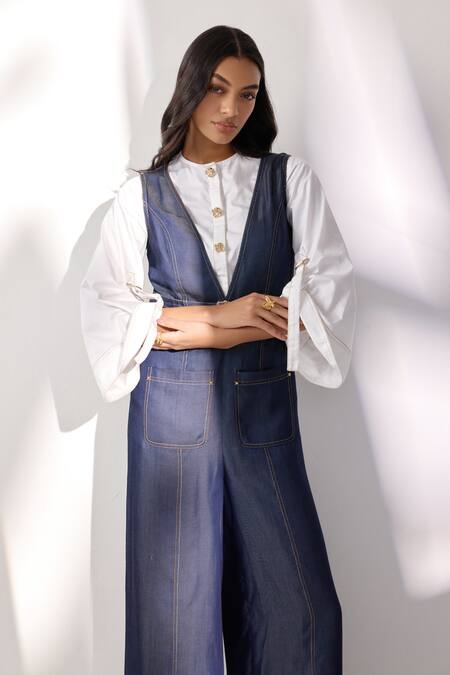 Label Deepika Nagpal Blue Denim V-, Round Sleeveless Jumpsuit at Aza Fashions Label Deepika Nagpal_Blue Denim V-, Round Sleeveless Jumpsuit _at_Aza_Fashions