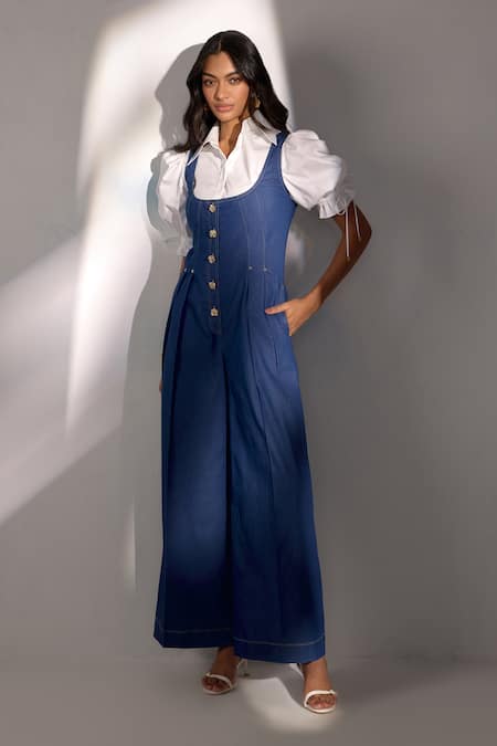 Label Deepika Nagpal Blue Denim Collared Designer Sleeveless Jumpsuit Set Online at Aza Fashions Label Deepika Nagpal_Blue Denim Collared Designer Sleeveless Jumpsuit Set _Online_at_Aza_Fashions