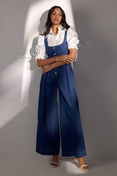 Shop Label Deepika Nagpal Blue Denim Collared Designer Sleeveless Jumpsuit Set Online at Aza Fashions Shop_Label Deepika Nagpal_Blue Denim Collared Designer Sleeveless Jumpsuit Set _Online_at_Aza_Fashions