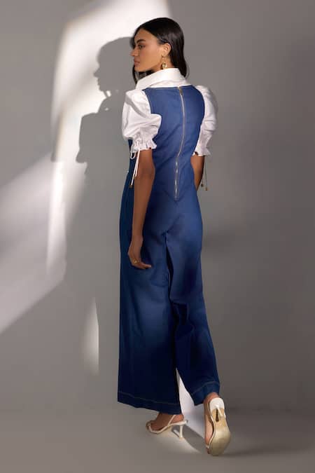 Shop Label Deepika Nagpal Blue Denim Collared Designer Sleeveless Jumpsuit Set at Aza Fashions Shop_Label Deepika Nagpal_Blue Denim Collared Designer Sleeveless Jumpsuit Set _at_Aza_Fashions