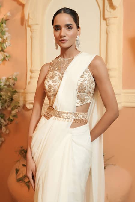 Buy_Maisolos_Ivory Net, Georgette Embroidery Round Neck Rose Gold Pre-draped Saree Set _Online_at_Aza_Fashions