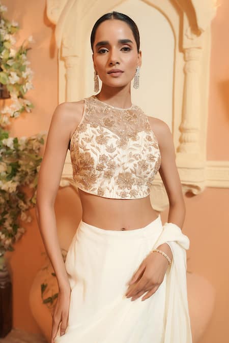 Shop_Maisolos_Ivory Net, Georgette Embroidery Round Neck Rose Gold Pre-draped Saree Set _Online_at_Aza_Fashions