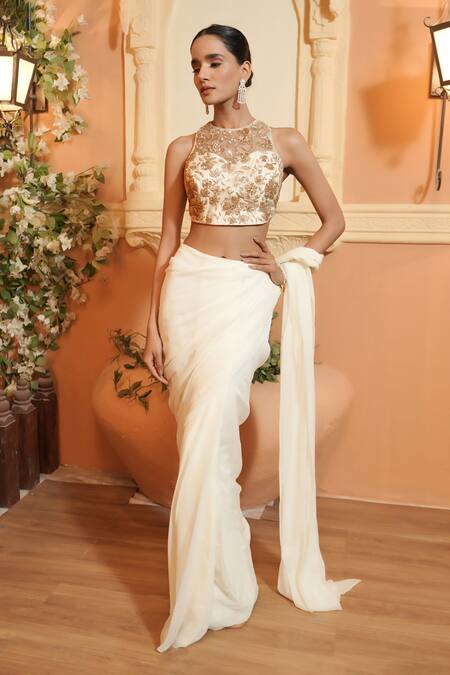 Maisolos_Ivory Net, Georgette Embroidery Round Neck Rose Gold Pre-draped Saree Set _at_Aza_Fashions