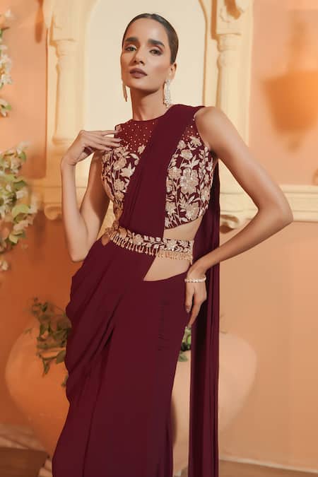 Buy_Maisolos_Maroon Sequins, Embroidery Round Neck Floral Pre-draped Saree Set _Online_at_Aza_Fashions