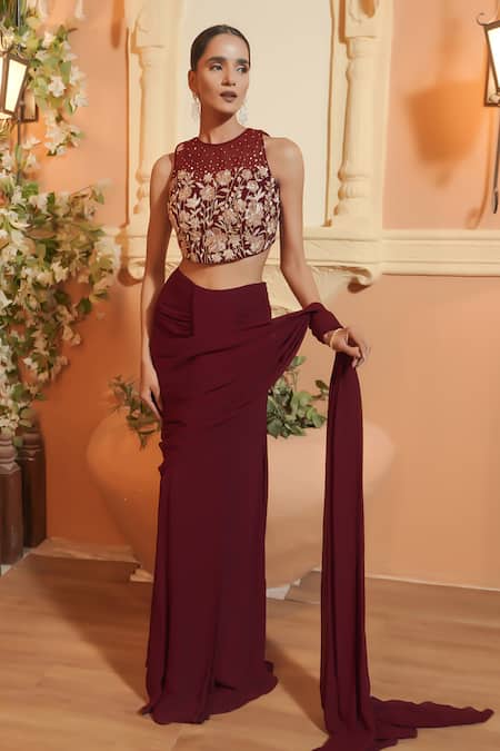 Shop_Maisolos_Maroon Sequins, Embroidery Round Neck Floral Pre-draped Saree Set _Online_at_Aza_Fashions