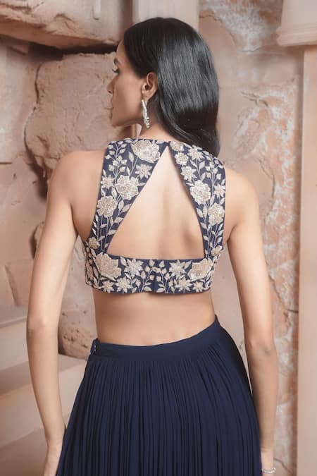 Maisolos_Navy Embroidery High Neck Blue Kurta Set _Online_at_Aza_Fashions