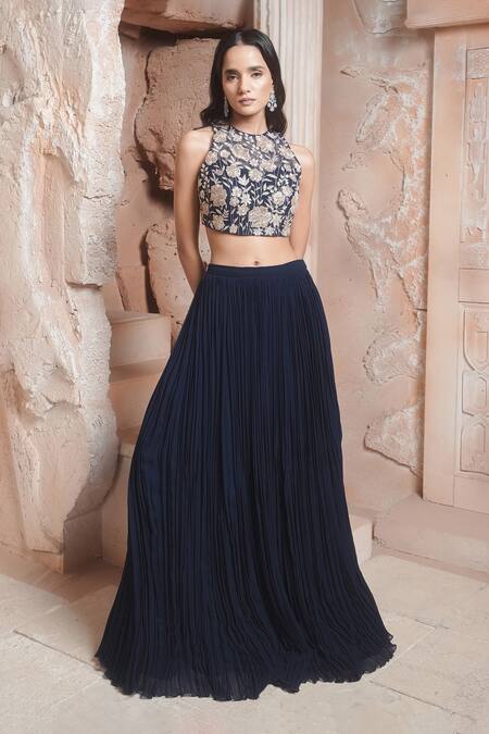 Maisolos_Navy Embroidery High Neck Blue Kurta Set _at_Aza_Fashions