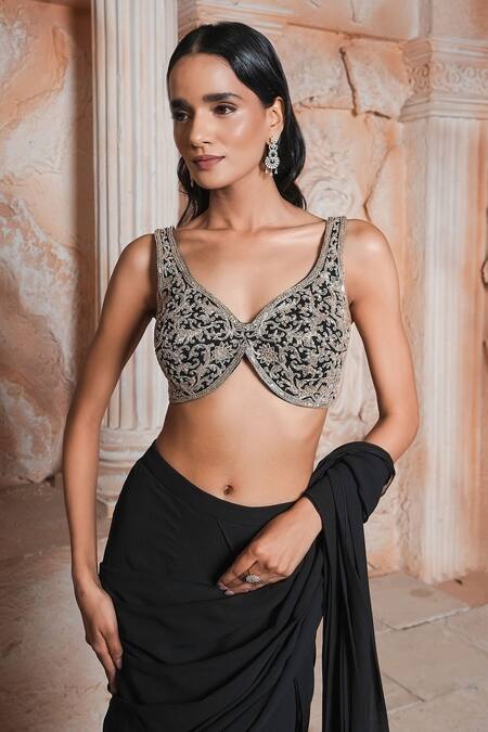 Buy_Maisolos_Black Embroidery Round Neck Pre-draped Saree Set _Online_at_Aza_Fashions