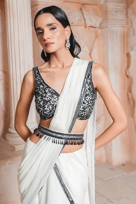 Maisolos Ivory Georgette, Net Sequins, Embroidery Round Black And Pre-draped Saree Set at Aza Fashions Maisolos_Ivory Georgette, Net Sequins, Embroidery Round Black And Pre-draped Saree Set _at_Aza_Fashions