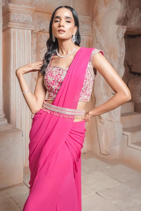 Buy Maisolos Pink Embroidery Sweetheart Neck Floral Pre-draped Saree Set Online at Aza Fashions Buy_Maisolos_Pink Embroidery Sweetheart Neck Floral Pre-draped Saree Set _Online_at_Aza_Fashions