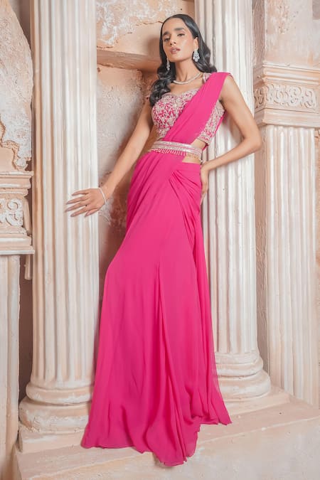 Shop Maisolos Pink Embroidery Sweetheart Neck Floral Pre-draped Saree Set Online at Aza Fashions Shop_Maisolos_Pink Embroidery Sweetheart Neck Floral Pre-draped Saree Set _Online_at_Aza_Fashions
