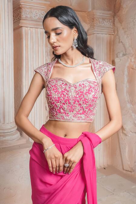 Maisolos Pink Embroidery Sweetheart Neck Floral Pre-draped Saree Set at Aza Fashions Maisolos_Pink Embroidery Sweetheart Neck Floral Pre-draped Saree Set _at_Aza_Fashions