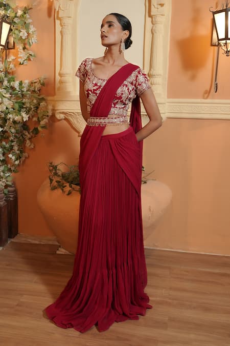 Shop Maisolos Red Net, Georgette Embroidery Scoop Neck Floral Pre-draped Saree Set Online at Aza Fashions Shop_Maisolos_Red Net, Georgette Embroidery Scoop Neck Floral Pre-draped Saree Set _Online_at_Aza_Fashions