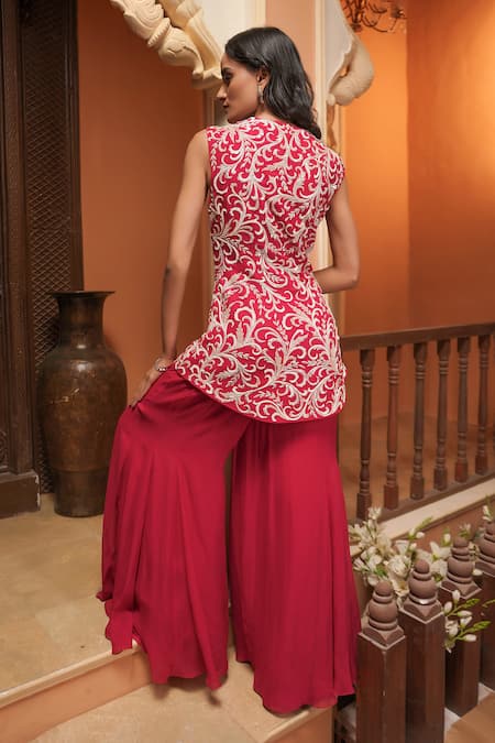Maisolos_Red Net, Georgette Embroidery V-neck Jacket And Bootcut Pants Set _Online_at_Aza_Fashions