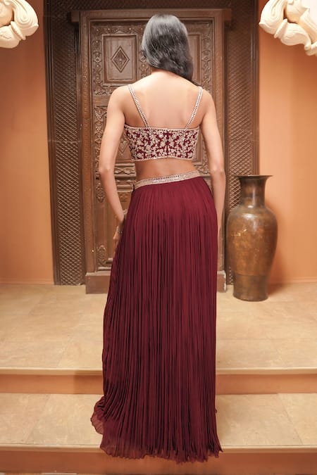 Maisolos_Maroon Embroidery Square Neck Fusion Lehenga Set _Online_at_Aza_Fashions