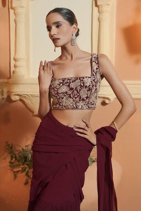 Buy_Maisolos_Maroon Georgette, Net Embroidery Square Neck Designer Pre-draped Saree Set _Online_at_Aza_Fashions