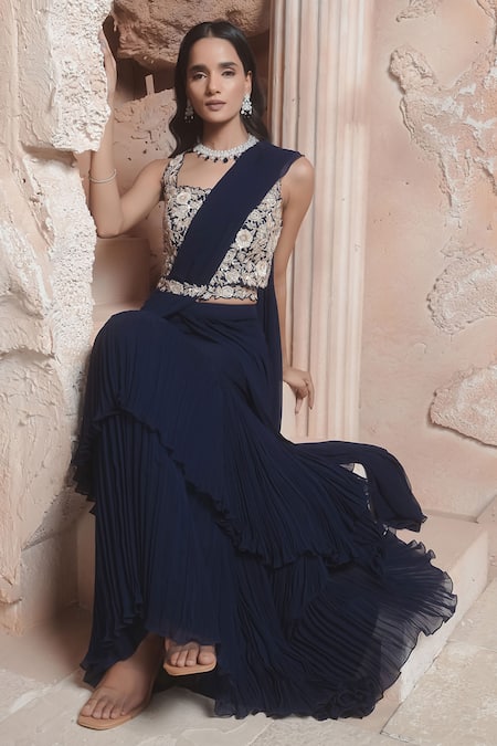 Buy Maisolos Navy Embroidery Square Neck Blue Pre-draped Saree Set Online at Aza Fashions Buy_Maisolos_Navy Embroidery Square Neck Blue Pre-draped Saree Set _Online_at_Aza_Fashions