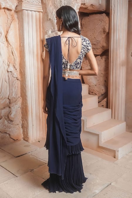 Maisolos Navy Georgette, Net Embroidery V-neck Pre-draped Saree Set Online at Aza Fashions Maisolos_Navy Georgette, Net Embroidery V-neck Pre-draped Saree Set _Online_at_Aza_Fashions