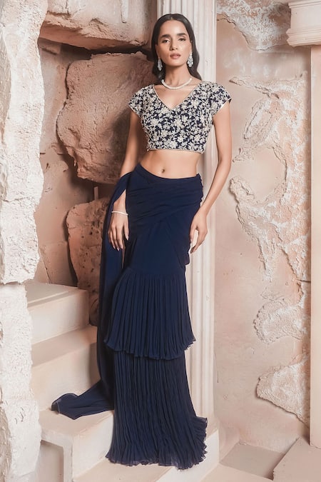 Shop Maisolos Navy Georgette, Net Embroidery V-neck Pre-draped Saree Set Online at Aza Fashions Shop_Maisolos_Navy Georgette, Net Embroidery V-neck Pre-draped Saree Set _Online_at_Aza_Fashions
