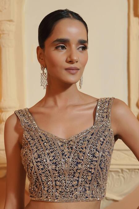 Shop Maisolos Blue Georgette Sequins, Embroidery, Beads V-neck Pre-draped Saree Set Online at Aza Fashions Shop_Maisolos_Blue Georgette Sequins, Embroidery, Beads V-neck Pre-draped Saree Set _Online_at_Aza_Fashions