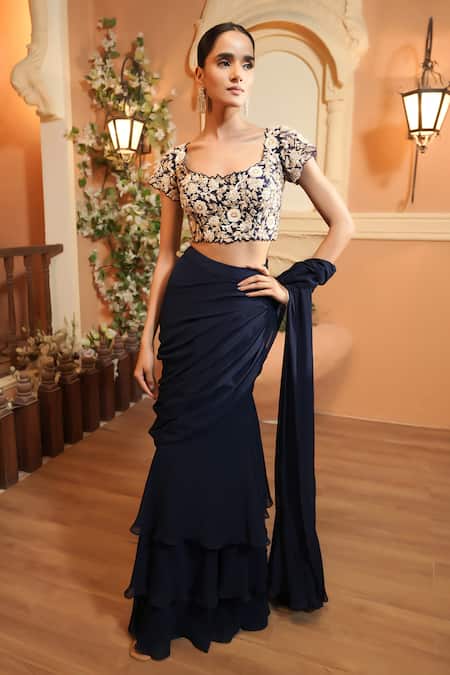 Buy Maisolos Navy Georgette, Net Embroidery Round Neck Hand Pre-draped Saree Set Online at Aza Fashions Buy_Maisolos_Navy Georgette, Net Embroidery Round Neck Hand Pre-draped Saree Set _Online_at_Aza_Fashions