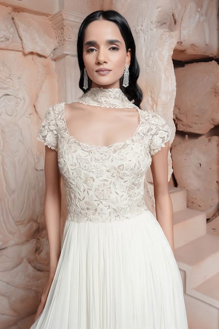 Buy_Maisolos_Ivory Net, Georgette Embroidery Square Neck Short Sleeve Gown _Online_at_Aza_Fashions