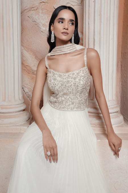 Buy_Maisolos_Ivory Net, Georgette Embroidery Round Neck Rose Gold Gown _Online_at_Aza_Fashions