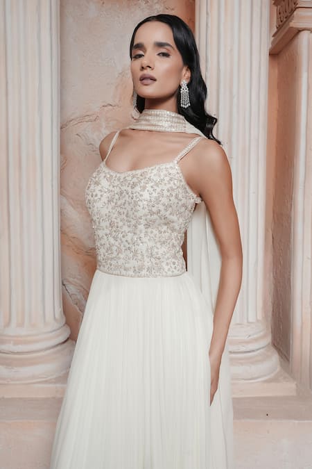 Shop_Maisolos_Ivory Net, Georgette Embroidery Round Neck Rose Gold Gown _Online_at_Aza_Fashions