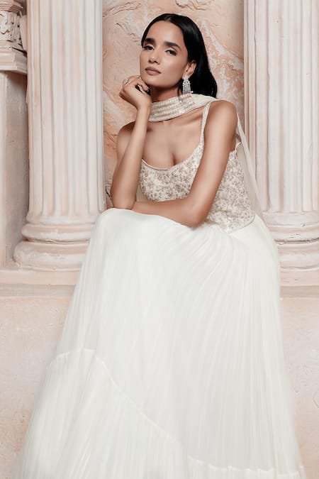 Maisolos_Ivory Net, Georgette Embroidery Round Neck Rose Gold Gown _at_Aza_Fashions