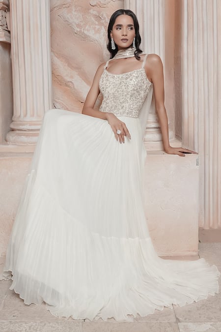 Buy_Maisolos_Ivory Net, Georgette Embroidery Round Neck Rose Gold Gown 