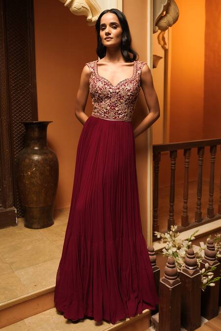 Buy_Maisolos_Red Embroidery Scoop Neck Gown _Online_at_Aza_Fashions