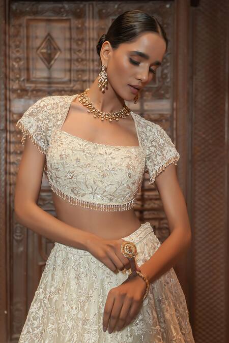 Buy Maisolos Ivory Net Embroidery, Sequins Square Neck Heavy Lehenga Set Online at Aza Fashions Buy_Maisolos_Ivory Net Embroidery, Sequins Square Neck Heavy Lehenga Set _Online_at_Aza_Fashions