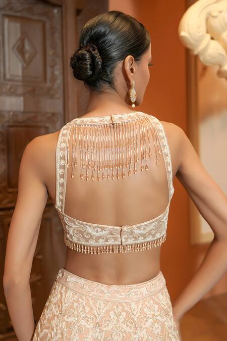 Shop_Maisolos_Beige Net Beads, Sequins, Embroidery Round Neck Hand Lehenga Set _Online_at_Aza_Fashions