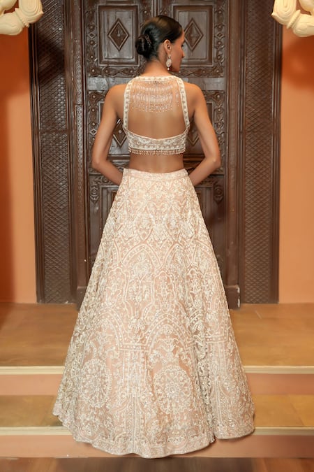 Maisolos_Beige Net Beads, Sequins, Embroidery Round Neck Hand Lehenga Set _Online_at_Aza_Fashions