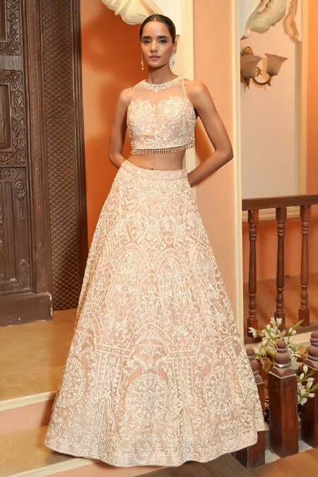 Maisolos_Beige Net Beads, Sequins, Embroidery Round Neck Hand Lehenga Set _at_Aza_Fashions