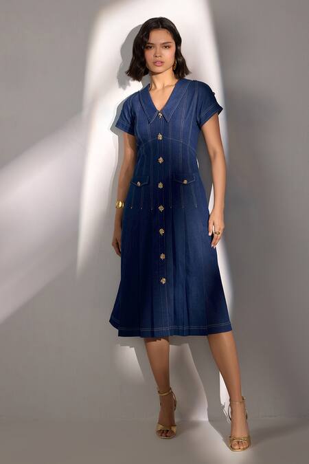 Label Deepika Nagpal Blue Denim V-neck, Collared Relaxed Fit Midi Dress With Gold Buttons Online at Aza Fashions Label Deepika Nagpal_Blue Denim V-neck, Collared Relaxed Fit Midi Dress With Gold Buttons_Online_at_Aza_Fashions