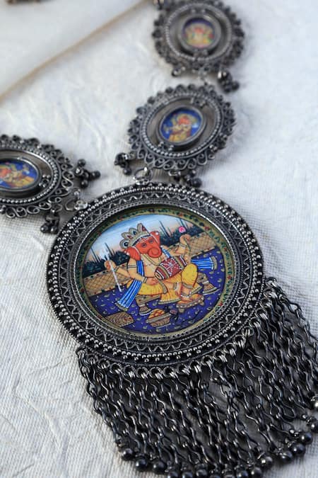 Shop Mero Jewellery Silver Plated Hand Painted Ganesha Long Necklace at Aza Fashions Shop_Mero Jewellery_Silver Plated Hand Painted Ganesha Long Necklace _at_Aza_Fashions