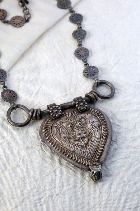 Shop Mero Jewellery Silver Plated Tribal Motif Long Pendant Necklace at Aza Fashions Shop_Mero Jewellery_Silver Plated Tribal Motif Long Pendant Necklace _at_Aza_Fashions