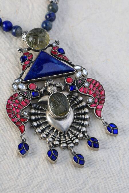 Mero Jewellery_Purple Lace Silver Lapis Kundan Necklace Set _Online_at_Aza_Fashions