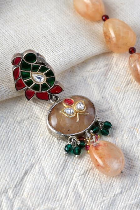 Mero Jewellery_Orange Kundan Lotus Long Necklace Set _Online_at_Aza_Fashions