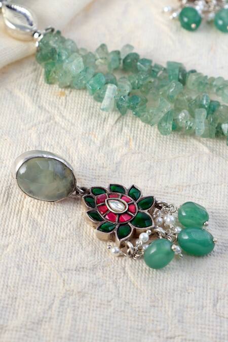 Mero Jewellery_Green Stones Silver Jade Kundan Long Necklace Set _Online_at_Aza_Fashions