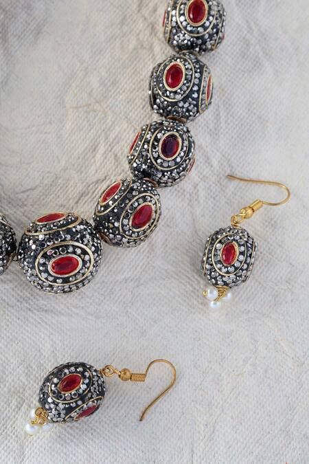 Shop Mero Jewellery Red Rhinestones Silver Ruby Victorian Necklace Set at Aza Fashions Shop_Mero Jewellery_Red Rhinestones Silver Ruby Victorian Necklace Set_at_Aza_Fashions