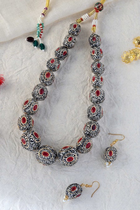 Mero Jewellery Red Rhinestones Silver Ruby Victorian Necklace Set 