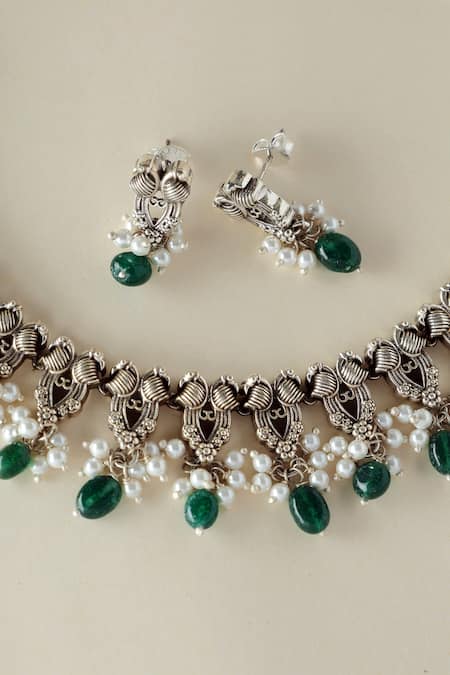 Mero Jewellery Silver Onyx Pearl Necklace Set 