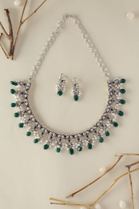 Mero Jewellery Green Pearls, Stones Silver Onyx Necklace Set