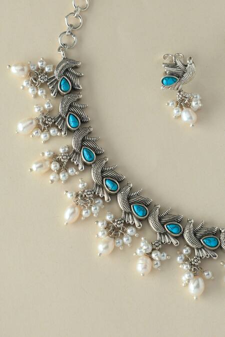 Mero Jewellery_Turquoise Pearls Silver Bird Necklace Set_Online_at_Aza_Fashions