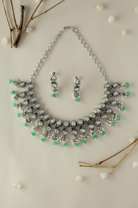 Mero Jewellery Silver Plated Beads, Pearls Cz And Green Beaded Necklace Set