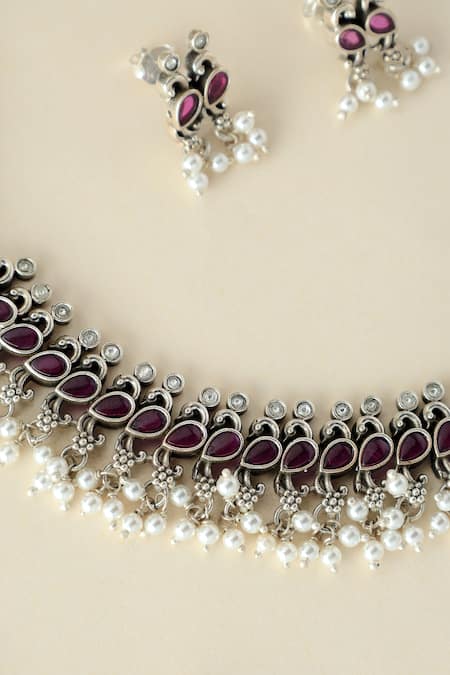 Shop Mero Jewellery Pink Pearls Handmade Silver Onyx Necklace Set at Aza Fashions Shop_Mero Jewellery_Pink Pearls Handmade Silver Onyx Necklace Set _at_Aza_Fashions