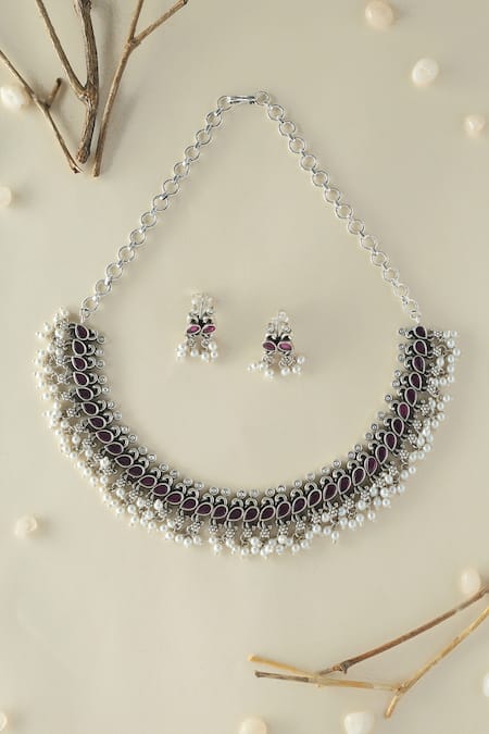Mero Jewellery Handmade Silver Onyx Pearls Necklace Jewellery Set 